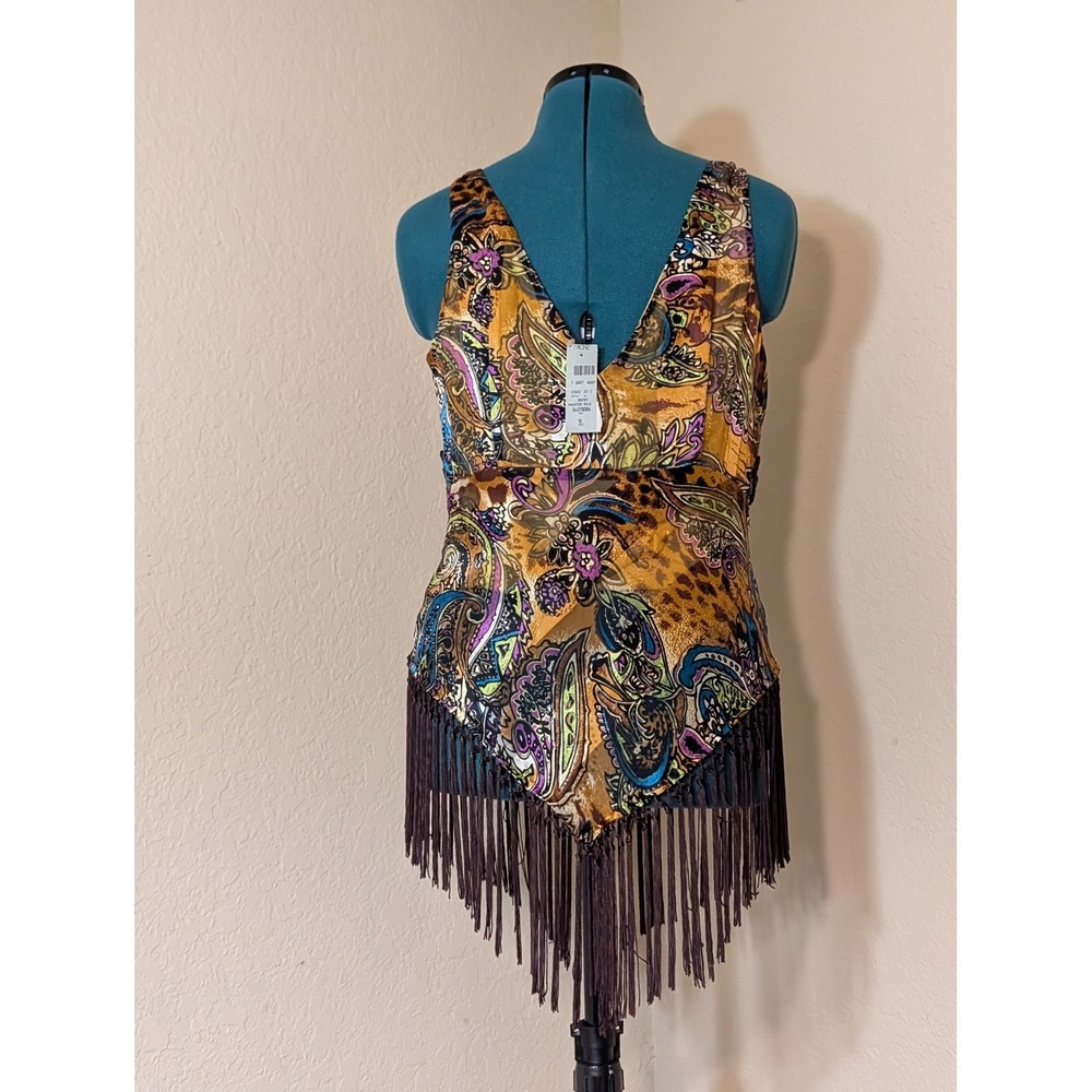 Cache Brown Paisley Leopard Silk Blend Fringe V-Neck Top Size 10 NWT - Picture 3 of 8